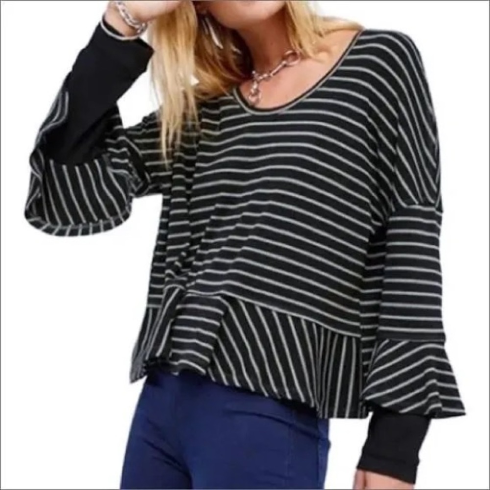 We The Free Black Stiped Green Ruffle Sleeve Peplum Relaxed Boho Blouse Top